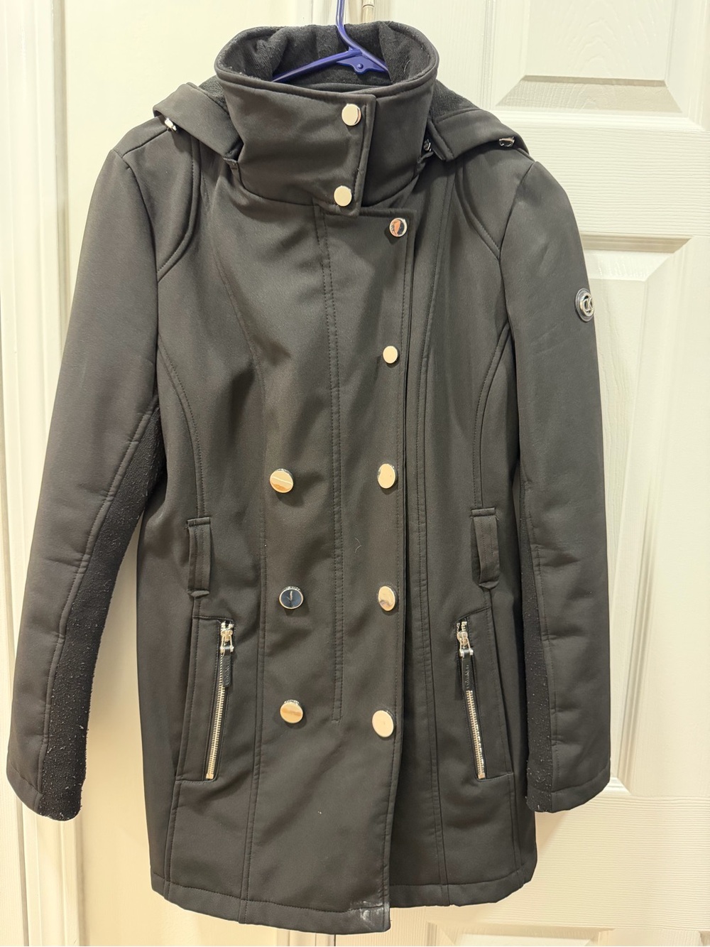 Women’s Black Double-Breasted Hooded Coat (no belt)